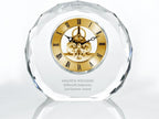 Engraved Clock Trophy - Gold Executive Crystal - Round Beveled Skeleton