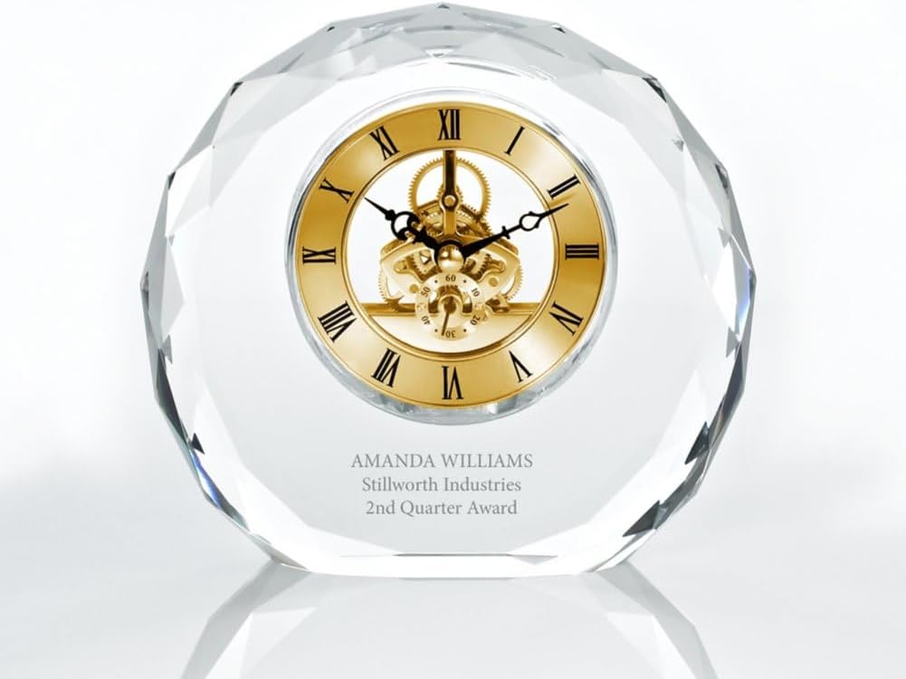 Custom Engraved Clock Trophy - Executive Crystal - Rectangular Shaped on a Rectangular Base - Gold Inset - Add Your Logo
