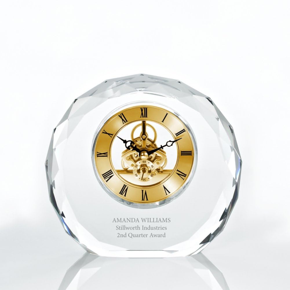 Custom Engraved Clock Trophy - Executive Crystal - Rectangular Shaped on a Rectangular Base - Gold Inset - Add Your Logo