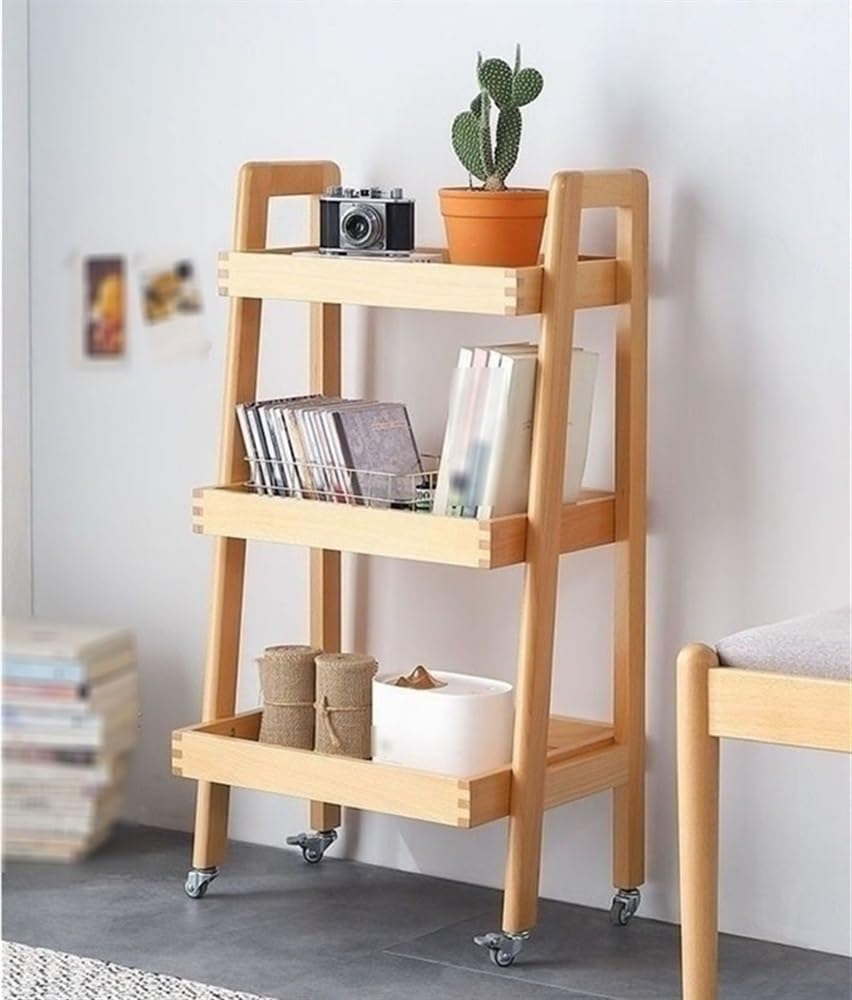 3-Tier Floor Bookcase, Solid Wood Ladder Shelf with Wheels, Side Table for Living Room, Craft Cart Fit in Kitchen, Narrow Space, Ladder Bookshelf with Handle(Yellow)