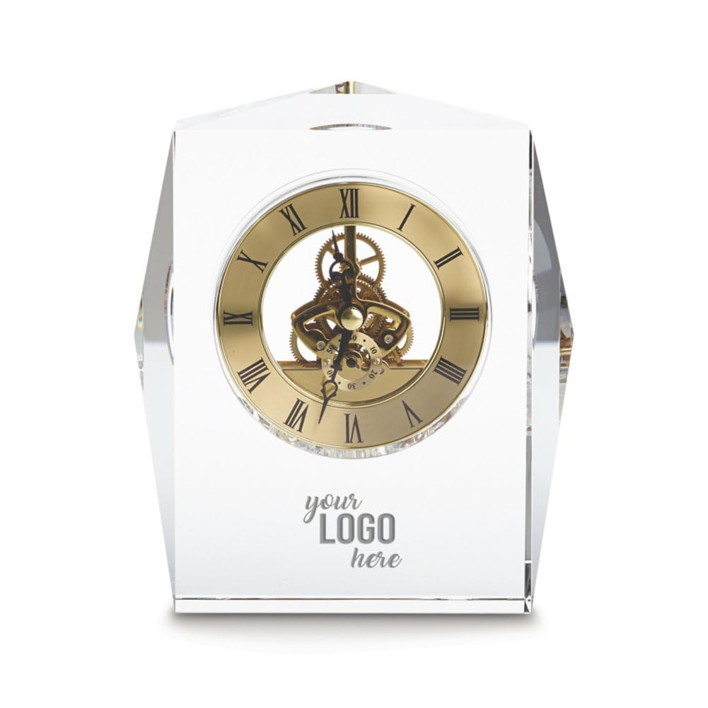 Custom Engraved Clock Trophy - Executive Crystal - Rectangular Shaped on a Rectangular Base - Gold Inset - Add Your Logo