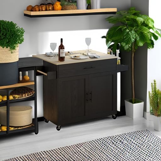 IRONCK Kitchen Island Table on Wheels with Drop Leaf, 47.25" Wide Black