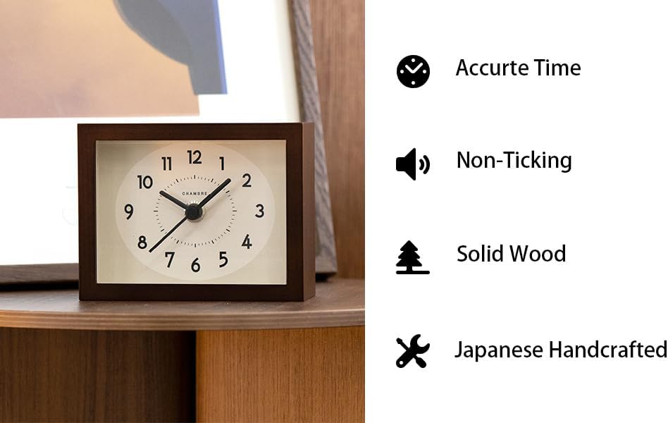 Wooden Desk Clock Japanese Handcrafted Solid Wood Clock Silent Non-Ticking Battery Operated Modern Decorative for Living Room Bedroom Office HINOKI Clock CH-070 (Dark Brown)
