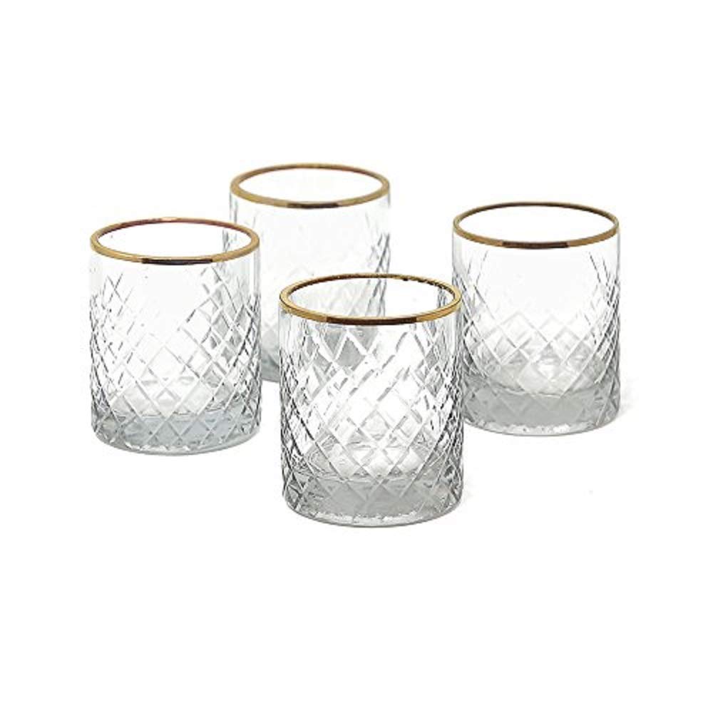 Serene Spaces Living Set of 32 Etched Stripes Glass Votive Holders with Gold Rim, Ideal for Wedding Decorations, Parties, Events, Measures 3" Tall and 2.5" Diameter