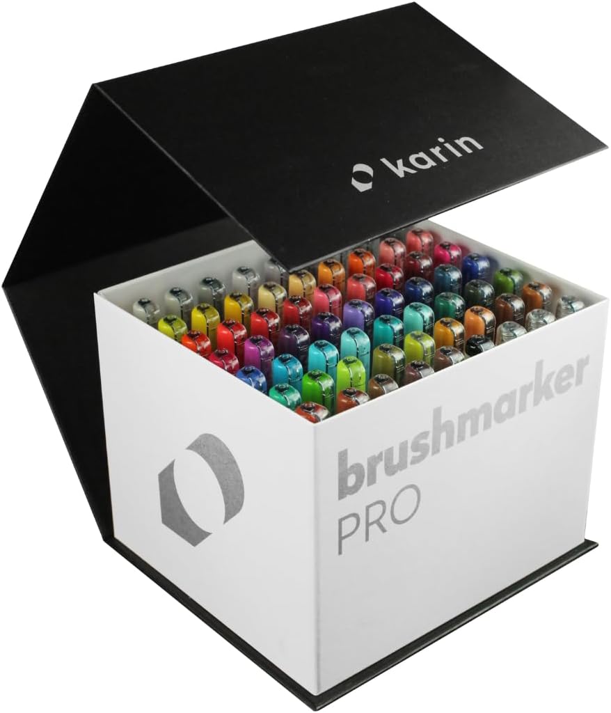 Karin Brushmarker Pro 63pc Mega Box Brush Tip Markers Set, Blendable, Water-Based, Professional Grade Brush Markers for Adults and Artists, 60 Colors and 3 Blenders in Exclusive Storage Case