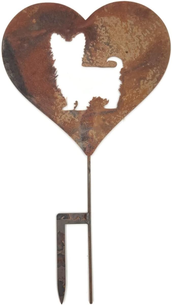 Pet Dog, Cat, Rabbit or Bird Keepsake Memorial Heart Garden Stake 20 to 28 Inches Tall (Large Heart, 28" Tall, Yorkie Yorkshire Terrier, Naturally Rusted)