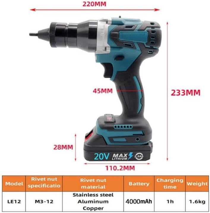 Cordless Electric Rivet Gun for M3/M4/M5/M6/M8/M10/M12 Rivet Nutserts Rechargeable Portable Automatic Rivet Gun with LED Light,2200mAh