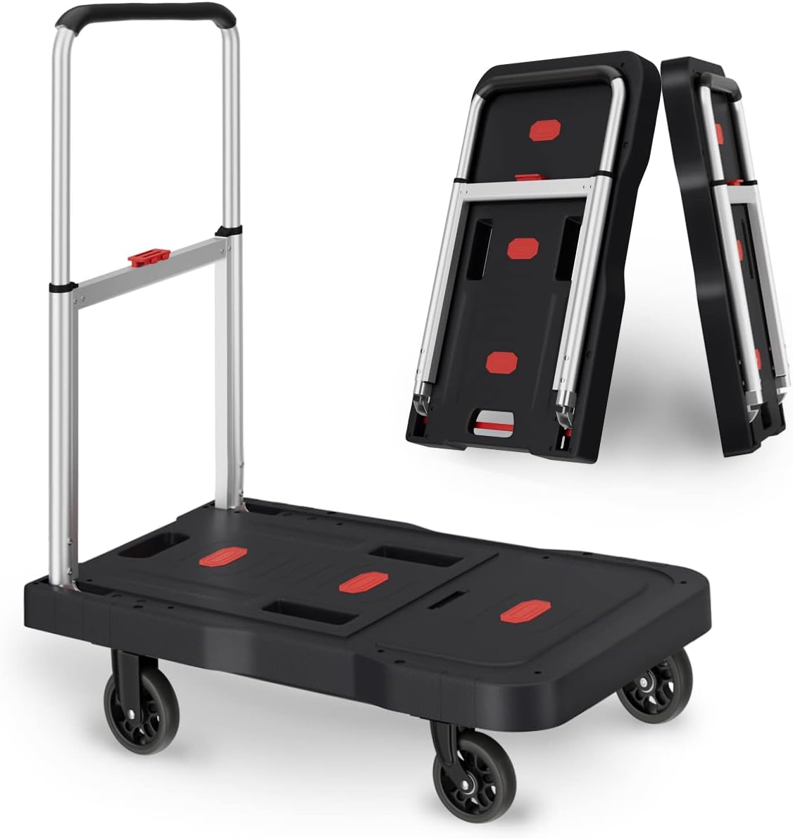 Platform Truck Foldable Push Cart Dolly 330lb Weight Capacity, Adjustable Hand Truck Handle with 360 Degree Swivel Wheels for Garage Garden Home & Office Use, Black