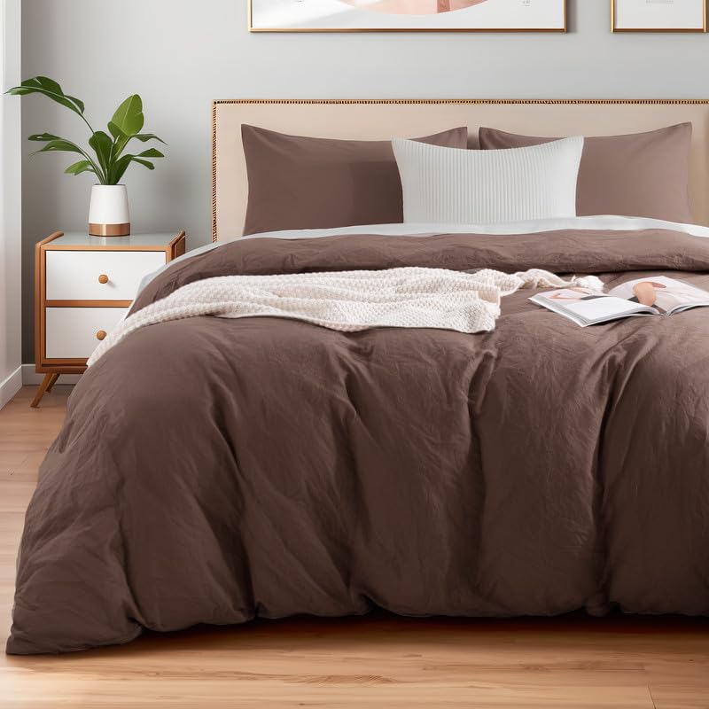 NEXHOME PRO Duvet Cover Set Queen Size Linen Look Textured 100% Washed Cotton Duvet Cover Burgundy Dark Red 3 Pieces Bedding Set with Zipper Closure,Breathable, Soft Organic Natural(No Comforter)