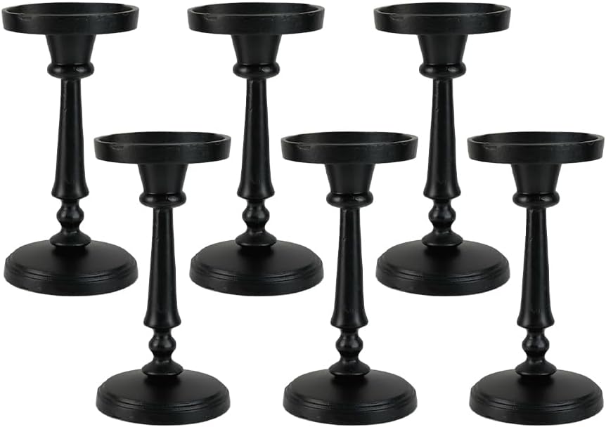 Serene Spaces Living Twilight Black Pillar Candle Holder, Elegant Cast Iron Candle Stand for Home Décor, Weddings, Birthdays, Cozy Evenings - Sturdy Base, 4.25" Diameter & 8.75" Tall, Pack of 6