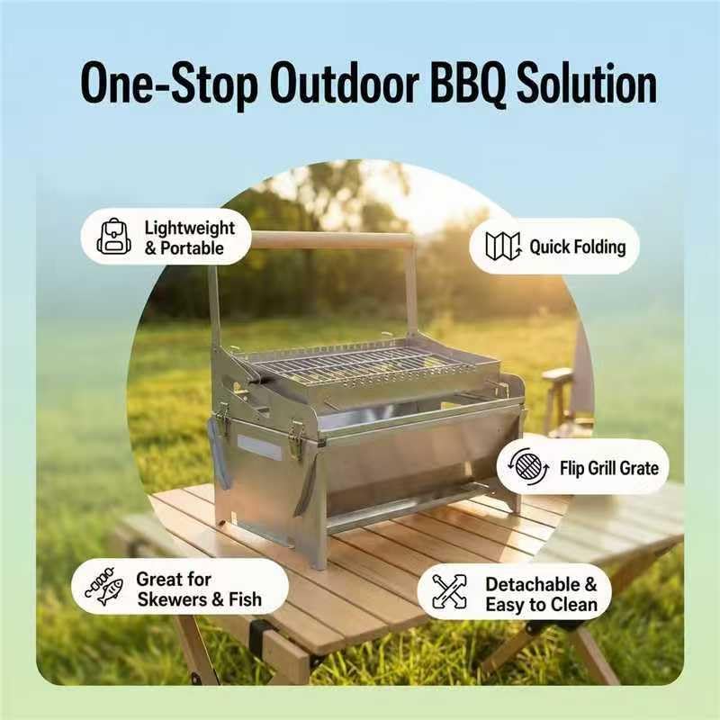 Portable Flip BBQ Grill, Stainless Steel Foldable Charcoal Grill with Reversible Cooking Grid, Removable & Easy Clean Tabletop Barbecue Grill for Outdoor Camping, Picnic, Backyard & Travel