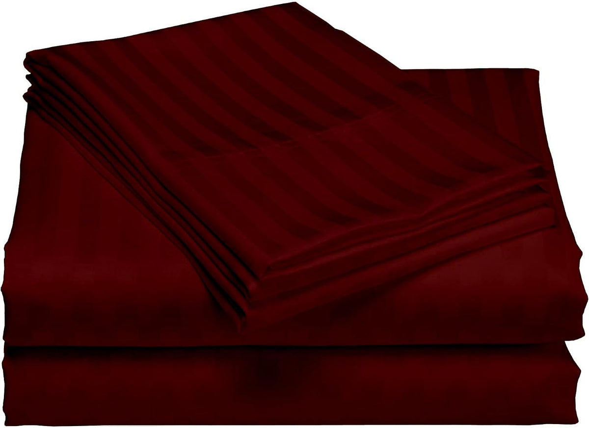 USA Twin XL Sheet Set in Wine Stripe 400 Thread-Count 100% Egyptian Long Staple Cotton, Sateen Weave for Soft and Silky Feel, Breathable 4-Piece Bedsheet, Elasticized 24'' Extra Deep Pocket
