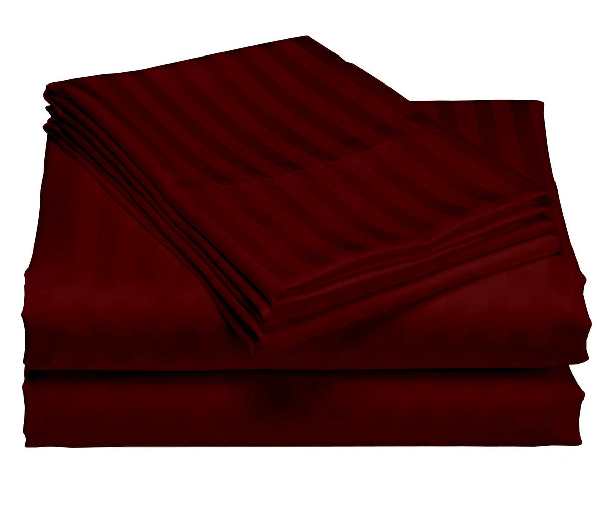 USA Full Sheet Set in Burgundy Stripe 400 Thread-Count 100% Egyptian Long Staple Cotton, Sateen Weave for Soft and Silky Feel, Breathable 4-Piece Bedsheet, Elasticized 24'' Extra Deep Pocket