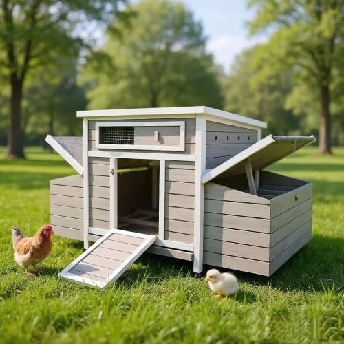 58”Solid Wood Chicken Coop for 3-4 Chickens,Outdoor Hen House Poultry Pet Hutch with Run Cage and 2 Sides Nesting Box,Waterproof Asphalt Roof Ramp,Removable Tray Wire Fence for Backyard