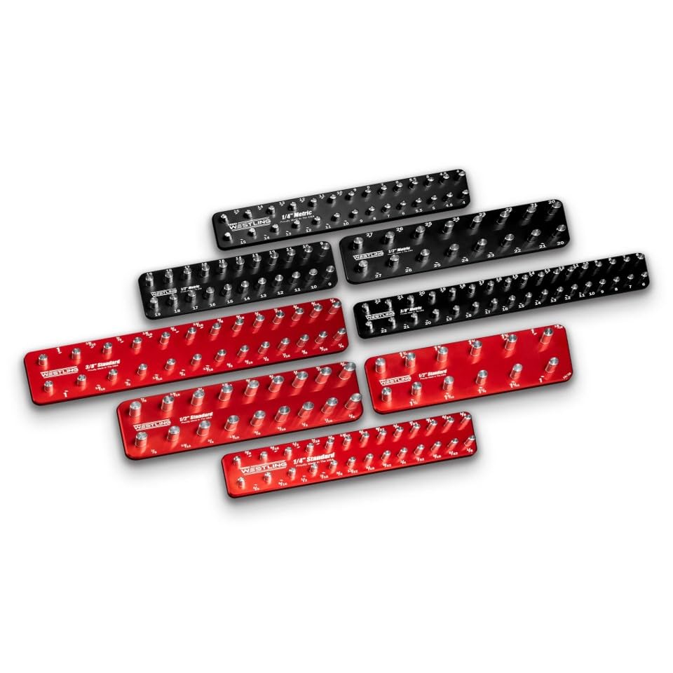 Westling USA Premium Aluminum Starter 8 Piece Socket Tray/Organizer Set, Holds 152 Standard and Metric Sockets (Black/Red, 2 Row)