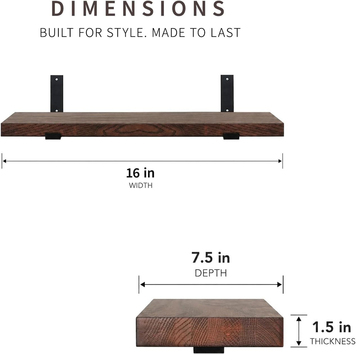 CONSDAN Floating Shelves, USA-Grown Solid Oak Hardwood Wall-Mounted Shelf for Bedroom/Bathroom/Living Room/Kitchen, Wall Shelves Over Toilet, 16x7.5x1.5 in, Dark Oak