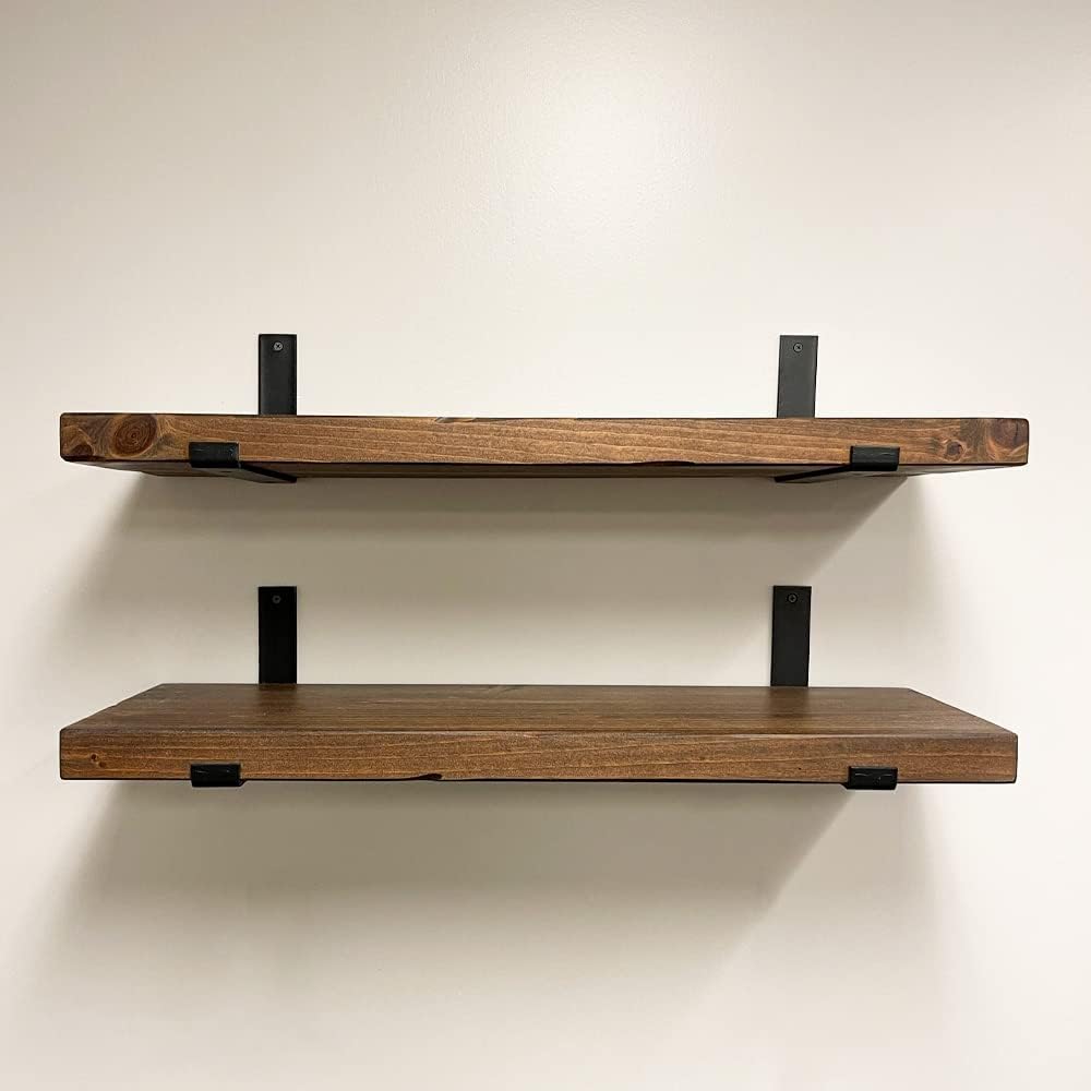 Rustic Shelves with J-Brackets Set of 2, Industrial Shelf, Kitchen Shelves, Solid Wood, Decorative Wall Storage, Heavy Duty, URBANDI (Provincial, 12Wx6D)