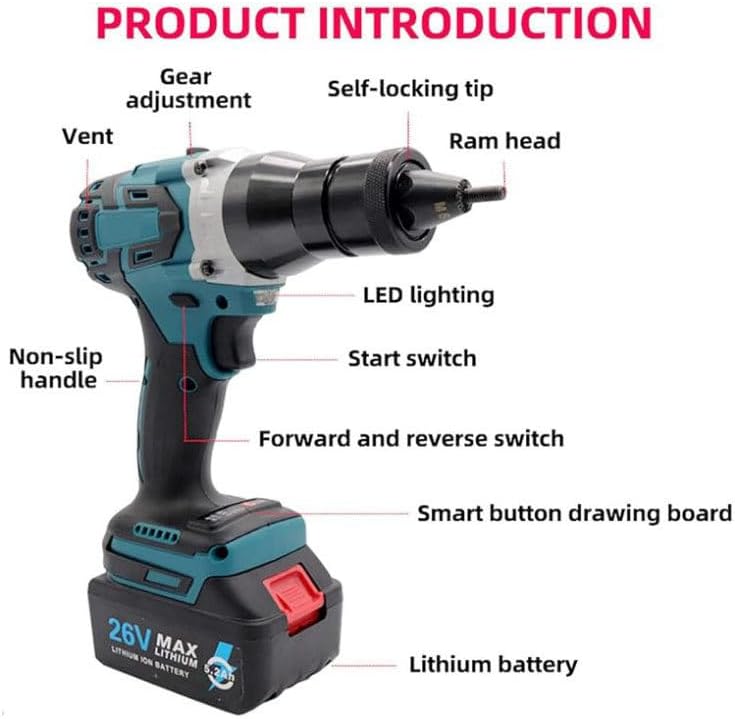 Cordless Electric Rivet Gun for M3/M4/M5/M6/M8/M10/M12 Rivet Nutserts Rechargeable Portable Automatic Rivet Gun with LED Light,2200mAh