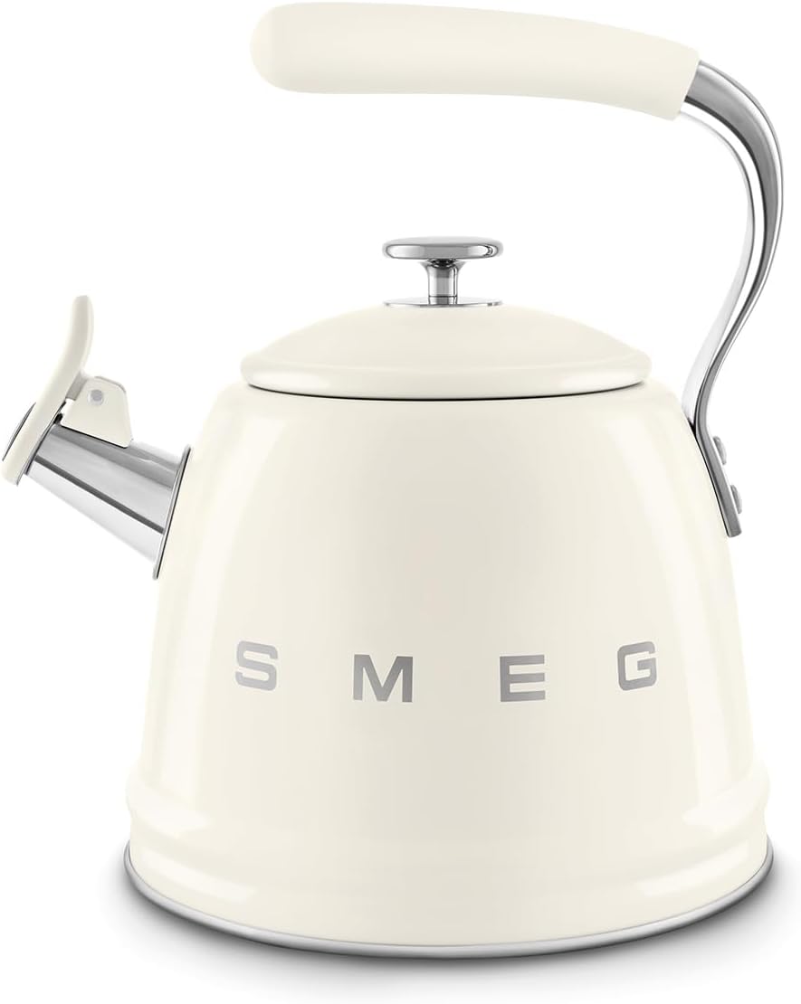 SMEG Stovetop Whistling Kettle – 50s Retro Style, 2.3 Liter (10 Cup / 2.4 Quart) Stainless Steel Tea Kettle with Iconic Design & Whistle – Premium Kitchen Statement Piece-Cream