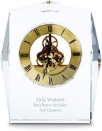 Engraved Clock Trophy - Gold Executive Crystal - Round Beveled Skeleton