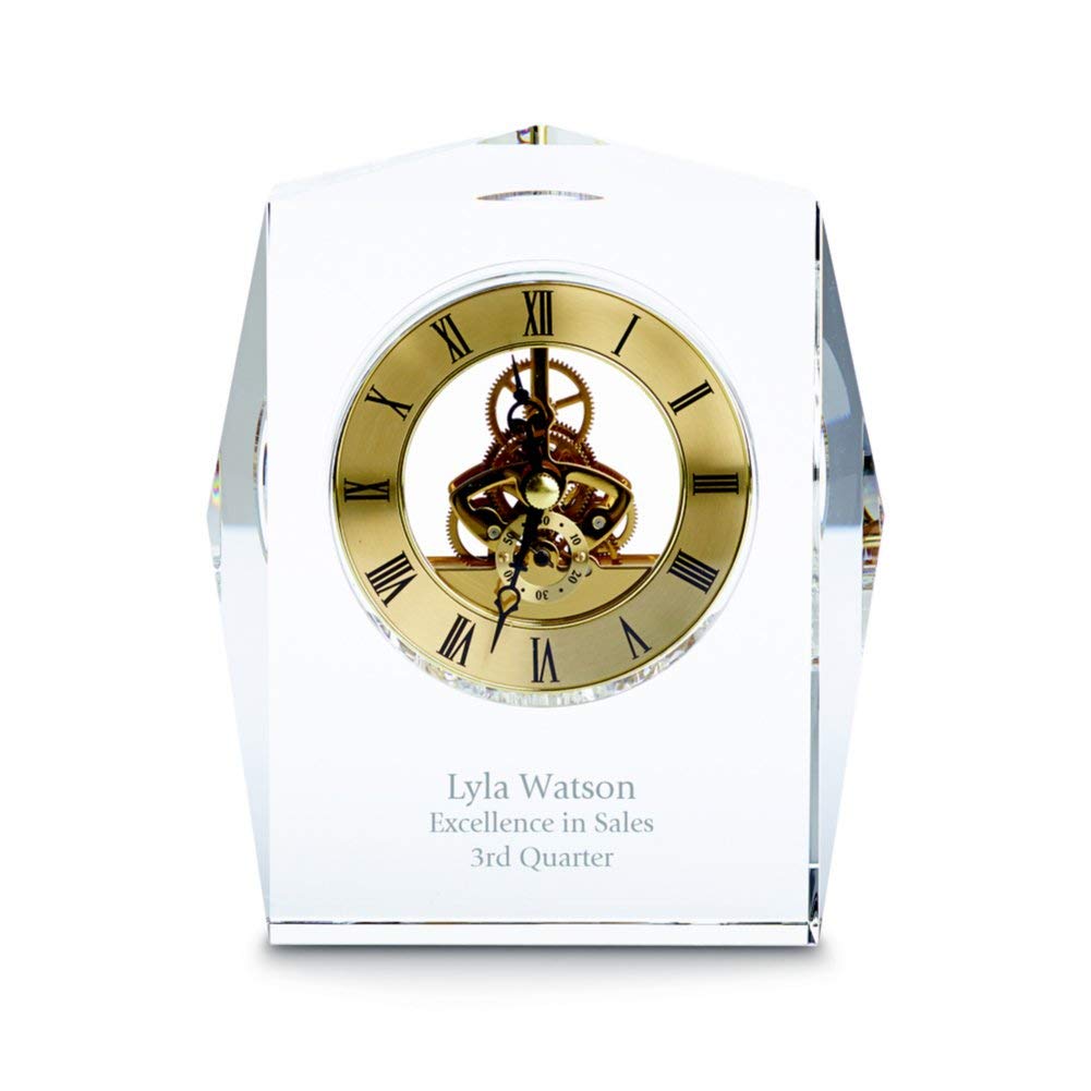 Engraved Clock Trophy - Gold Executive Crystal - Round Beveled Skeleton