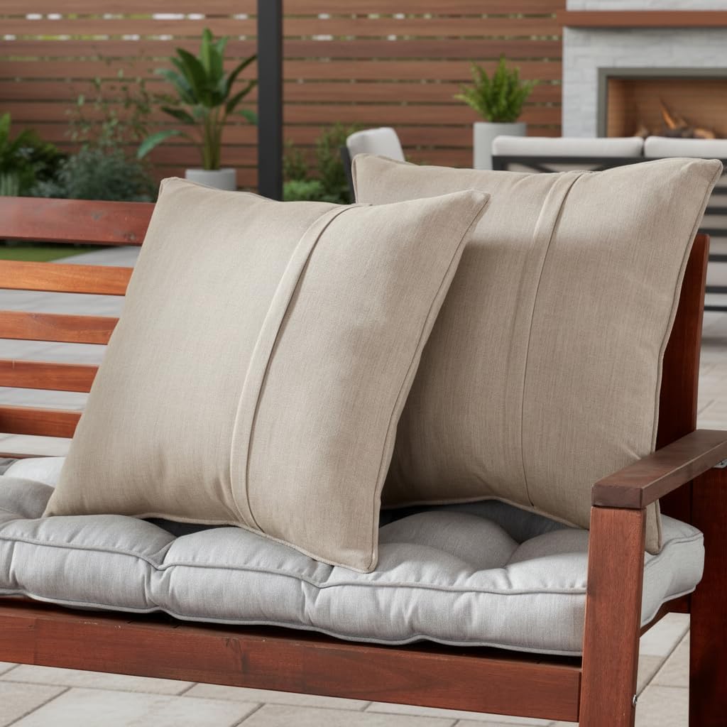 Sunbrella Outdoor Throw Pillows 20x20 Set of 2 – Corded Patio Accent Pillows with Pleated Design & Removable Zipper Covers – Weather & Fade Resistant Pillows for Patio Furniture, Cast Ash