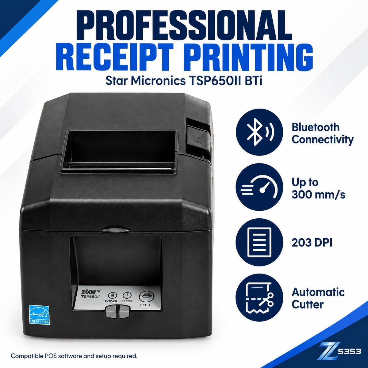 Z5353 Bundle with Star Micronics TSP650II BTi Bluetooth Receipt Printer, 80mm Direct Thermal, Auto Cutter, 2 Paper Rolls and Power Supply (Renewed)