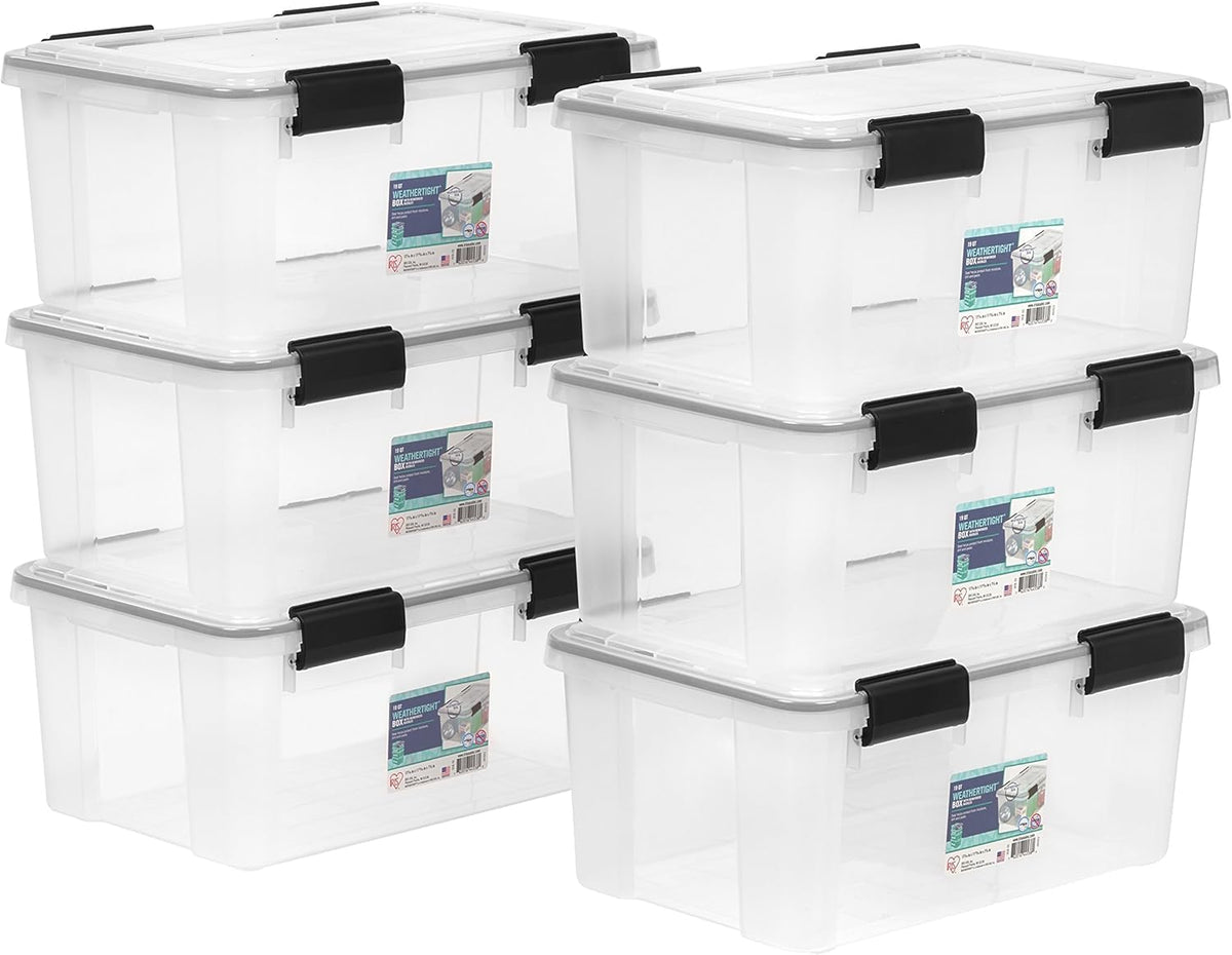IRIS USA 6-Pack 19 Qt Storage Bins with Gasket Lids, Clear/Black