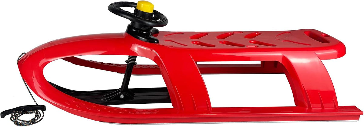 Snow Sled for Kids - SnowRush Sledge - Single Rider Racer Toboggan with Pull Rope and Steering Wheel; Outdoor Plastic Winter Sleigh for Toddlers & Kids