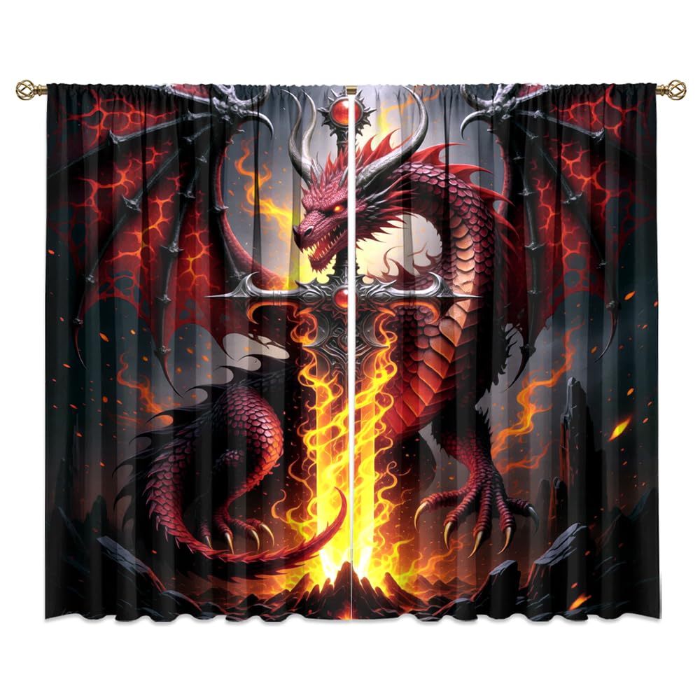 Fantasy Mythical Animal Dragon Curtains,Dreamy Galaxy Full Moon Room Darkening Blackout Window Treatment,Mythological Wildlife Dragon Rod-Pocket Privacy Curtains,2pcs,Each 52“W x 96”L
