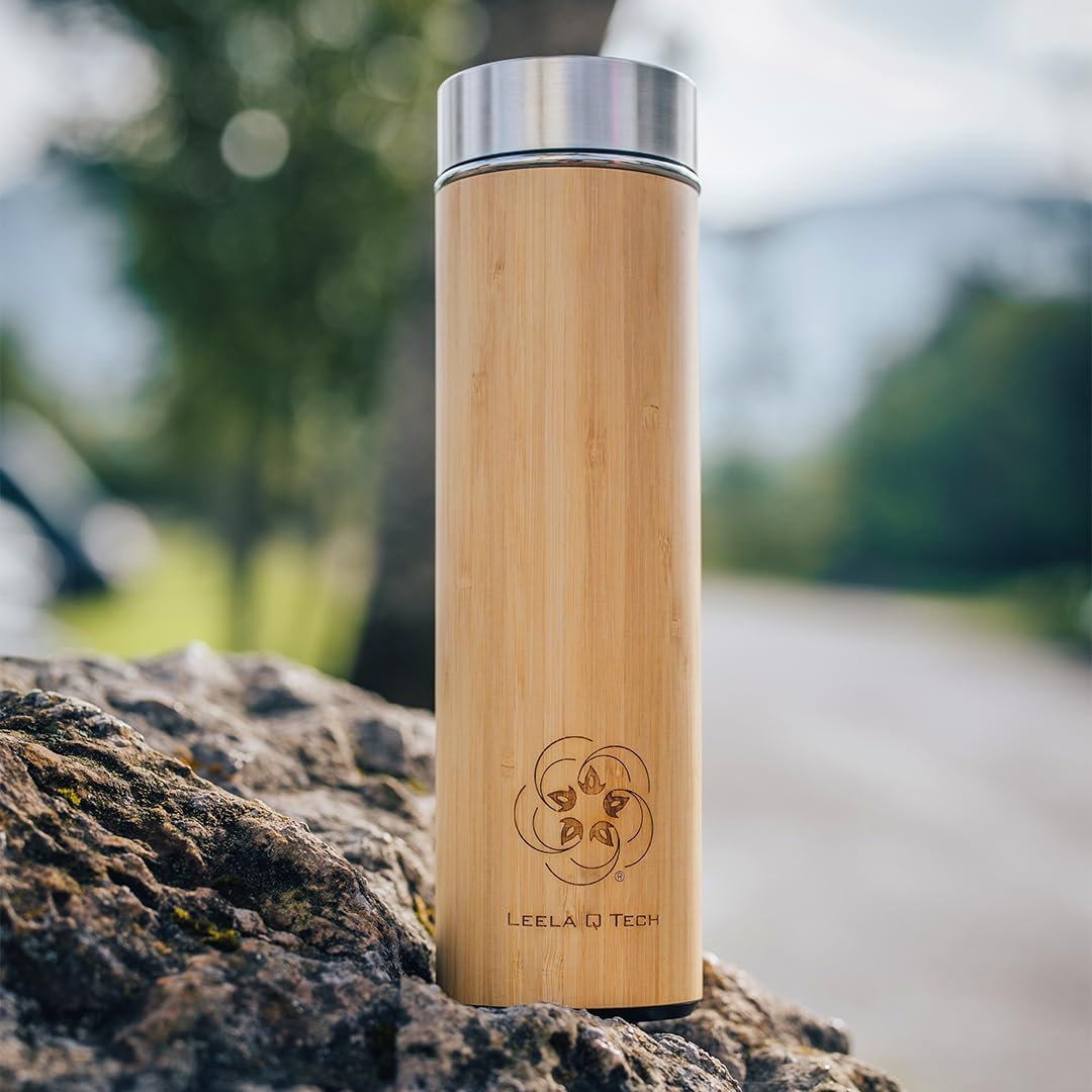 Leela Quantum Water Bottle in bamboo design, Vacuum Seal Leak-proof Lid, Cold or Hot Liquids - 500ml/16.91 Fl Oz, handmade & allergen-free, refined with quantum energy, Great for travel & hiking