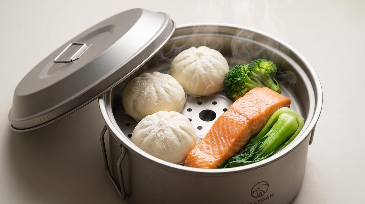 Valtcan Titanium 2800ml Steamer Pot, 511g Ultralight with Foldable Handles, Removable Steam Basket & Mesh Carry Bag for Backpacking, Camping & Home Cookware Pure Titanium, No Metal Taste