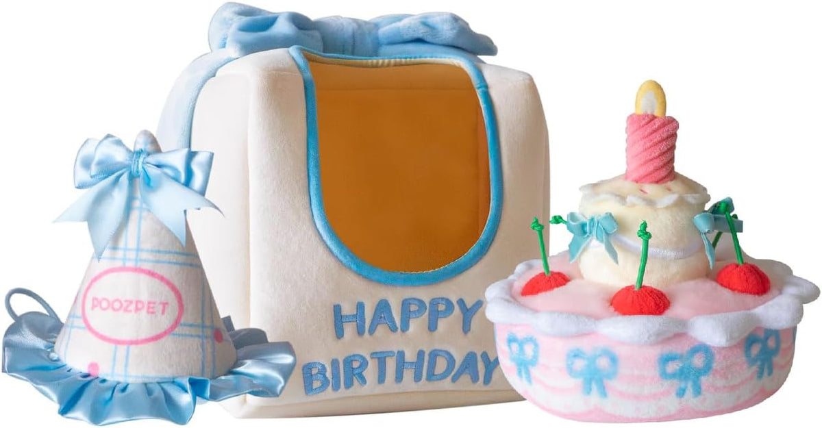Birthday Cake Snuffle Toy Set, Interactive Enrichment Plush Cake with Squeaker Candle, Treat-Hiding Pocket in Cherries, Crinkle Cake Box and a Party Hat for a Cute Photo