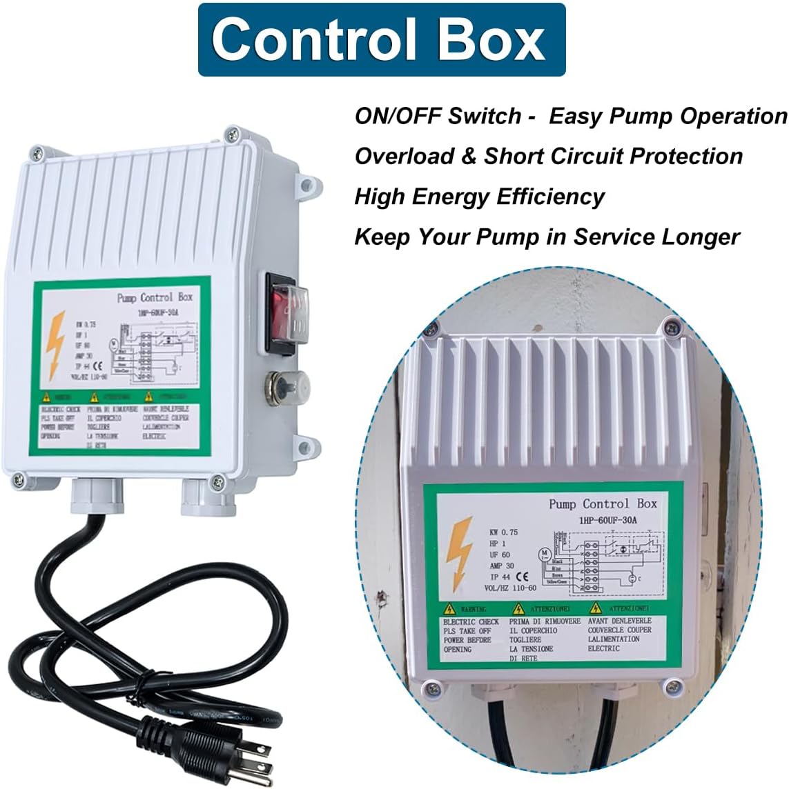 Deep Well Submersible Pump, 1HP 110V Well Pump with Control Box & 50FT Power Cord,33GPM 305FT Max Head