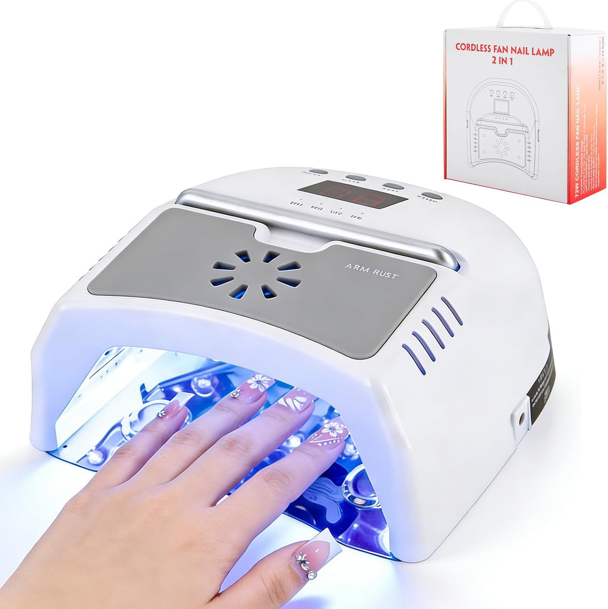 UV Led Nail Lamp Cordless, 72W UV Lights for Gel Nails with Fan and LCD Digital Timer, Rechargeable Nail Dryer with Portable Handle Perfect for Salon Home Nail Art