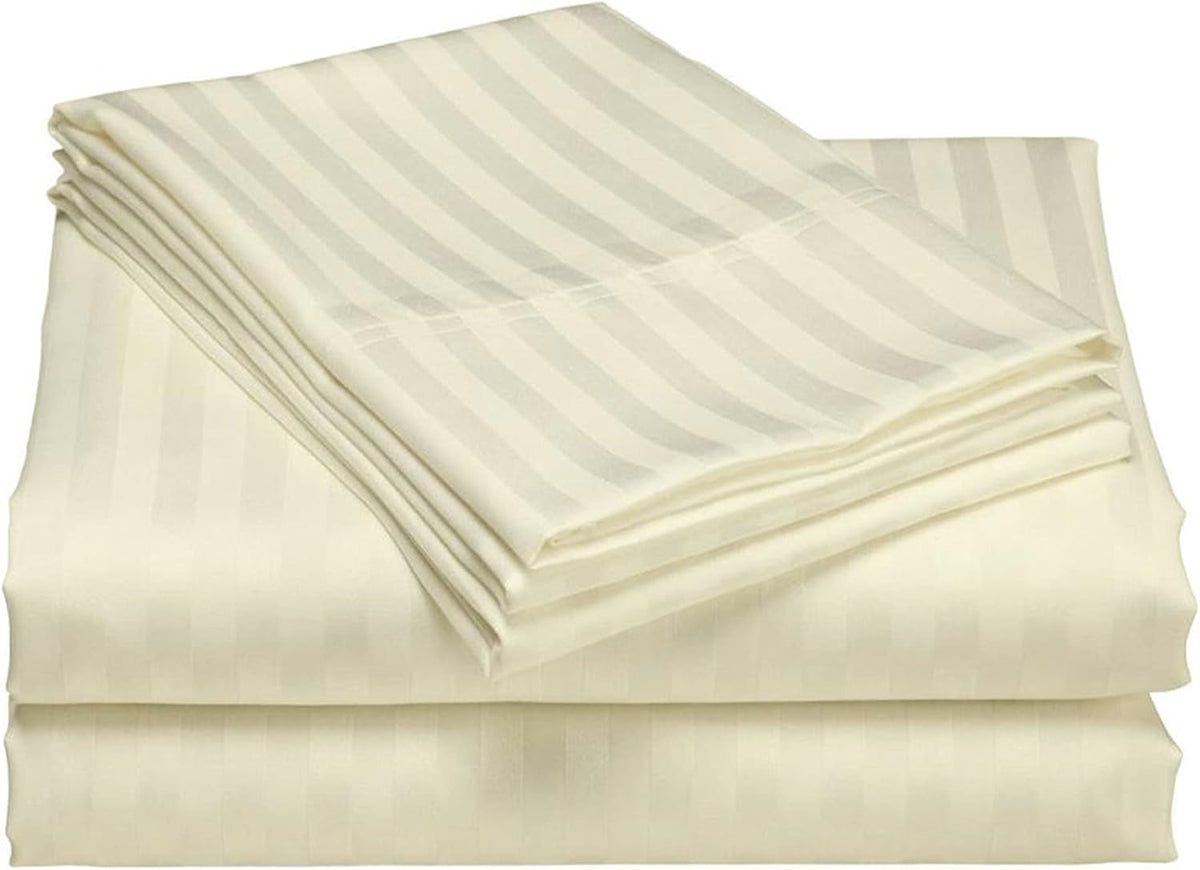 USA King Sheet Set in Ivory Stripe 400 Thread-Count 100% Egyptian Long Staple Cotton, Sateen Weave for Soft and Silky Feel, Breathable 4-Piece Bedsheet, Elasticized 24'' Extra Deep Pocket