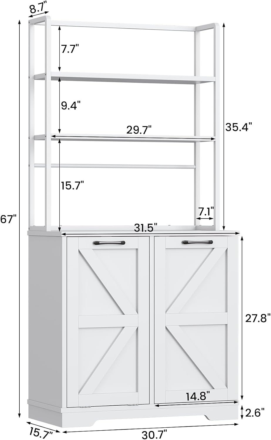 Kitchen Bakers Rack with Storage, 68'' Tall 6 Tier Farmhouse Pantry Cabinet with Trash Bin Cabinet, Microwave Stand Kitchen Cabinet with Hutch,White