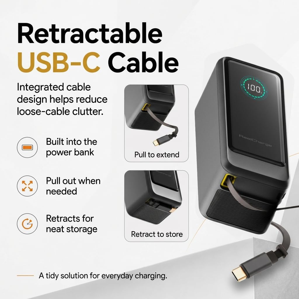 ReelPro Portable Charger Power Bank 15000mAh, 67W Built in Cable