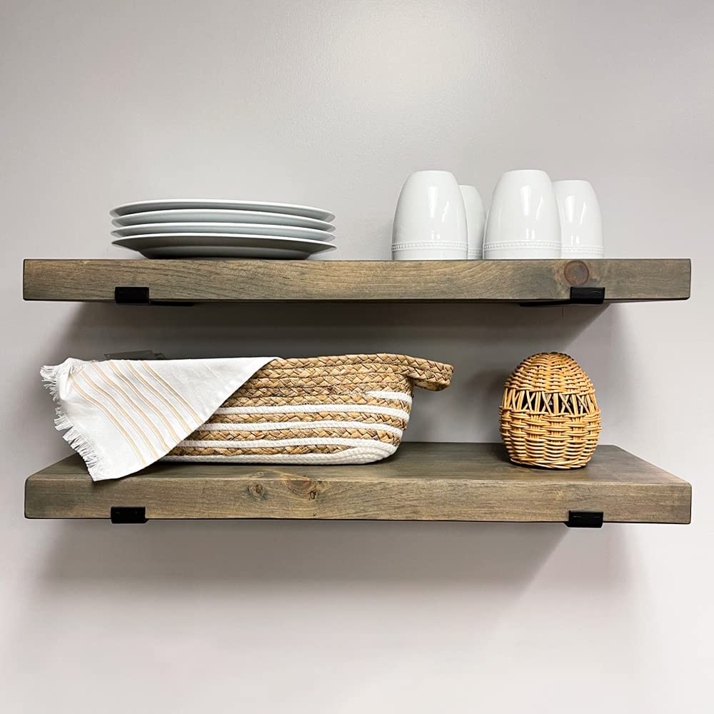 Rustic Shelves with J-Brackets Set of 2, Industrial Shelf, Kitchen Shelves, Solid Wood, Decorative Wall Storage, Heavy Duty, URBANDI (Provincial, 12Wx6D)