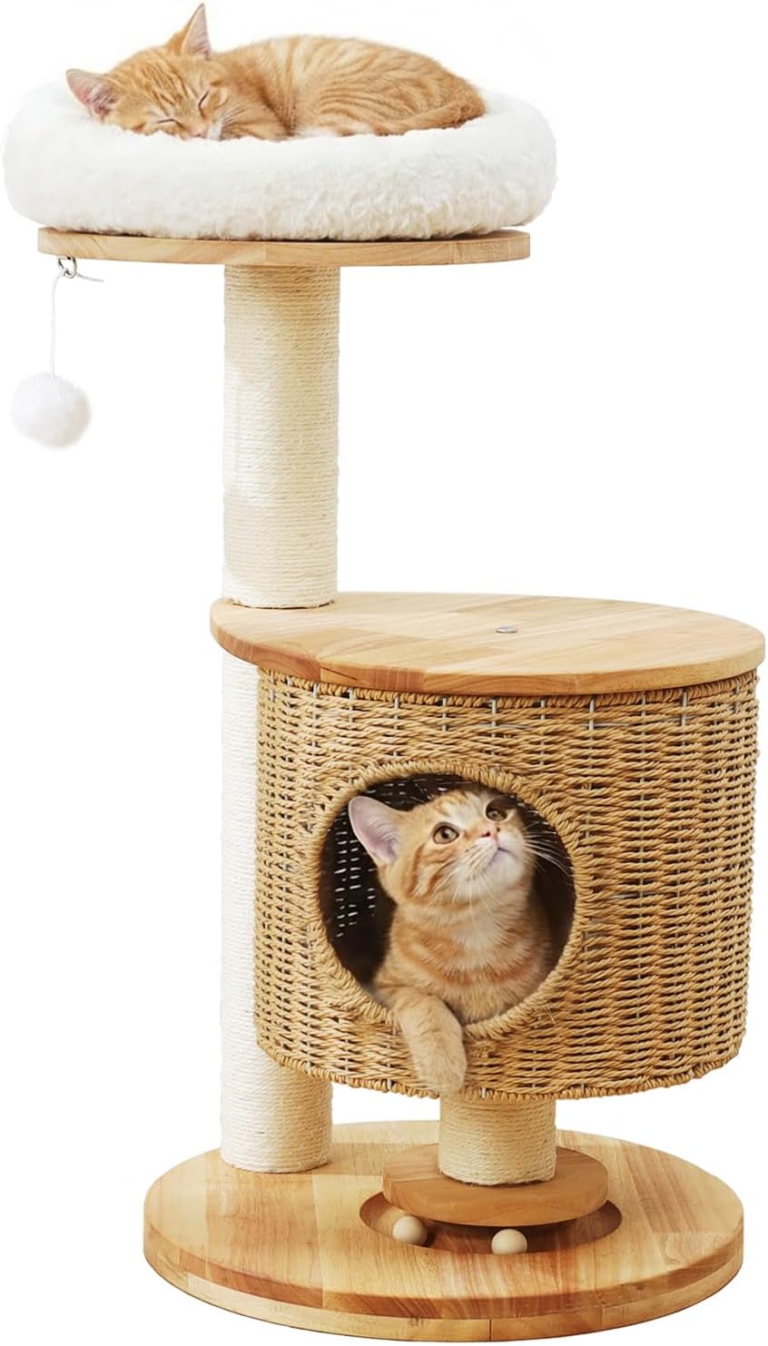 Zonoria 30-Inch Solid Wood Cat Tree Tower for Small to Medium Cats