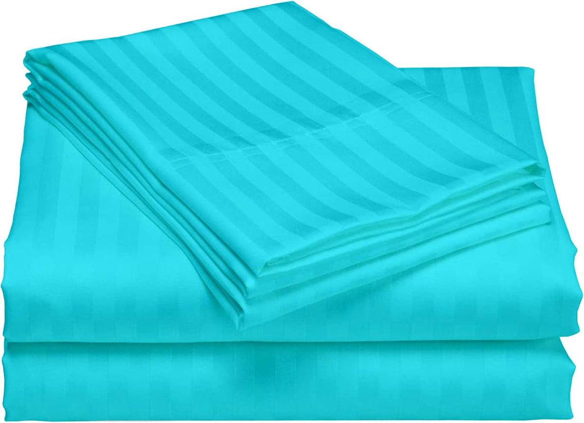 USA RV King Sheet Set in Turquoise Blue Stripe 400 Thread-Count 100% Egyptian Long Staple Cotton, Sateen Weave for Soft and Silky Feel, Breathable 4-Piece Bedsheet, Elasticized 24'' Extra Deep Pocket