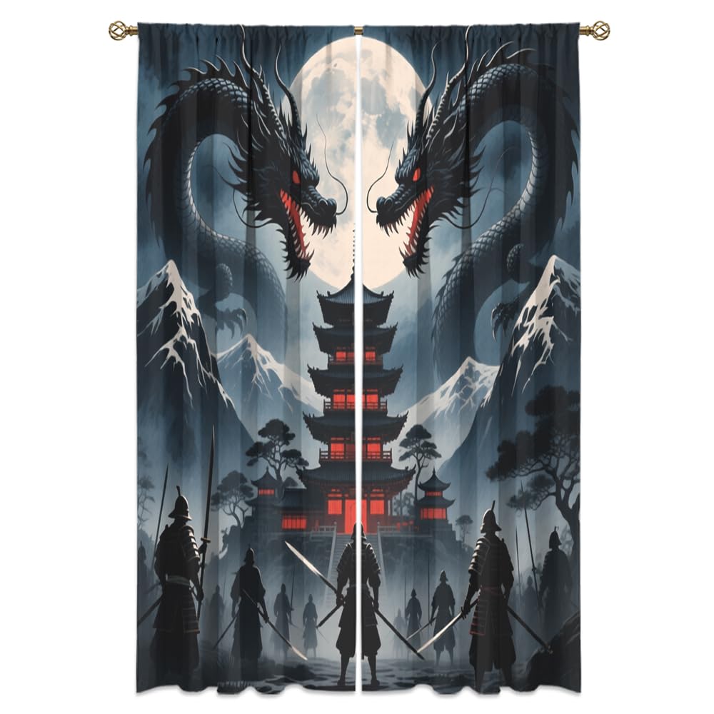 Traditional Ukiyoe Wildlife Dragon Curtains-Dreamy Ancient Japan Architecture Rod Pocket Back Tab Window Drapes,Japanese Samurai Thermal Insulated Blackout Curtain,2pcs,Each 52“W x 96”L