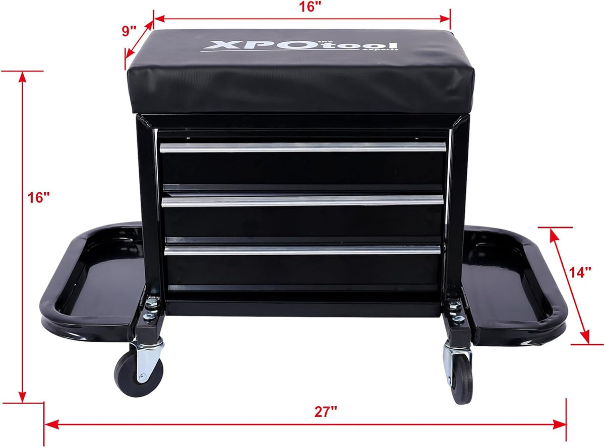 3-Drawer Rolling Tool Chest Seat Garage Glider Mechanic Stool with Magnetic Side Trays, Heavy Duty Rolling Tool Box for Warehouse, Workshop, 350lbs Capacity