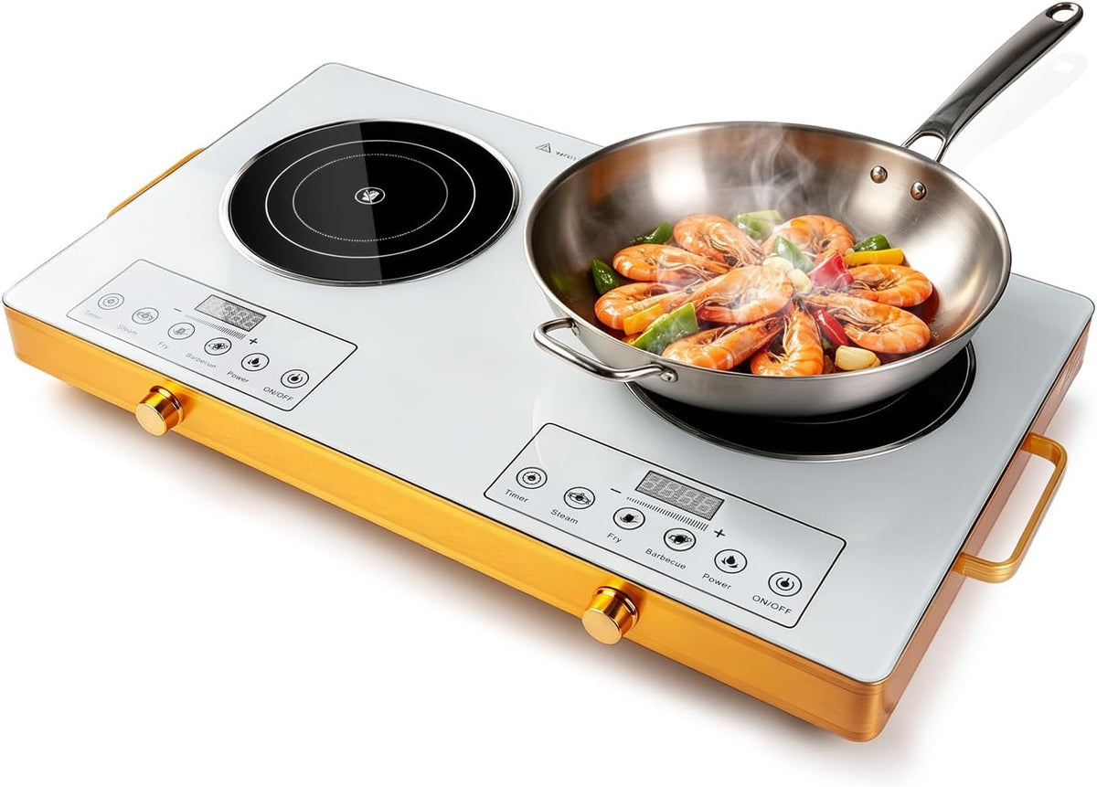 Electric Countertop Double Burner, 7000W Ceramic Cooktop with Crystal Glass Hot Plate & Stay Cool Handles, 12 Level Temperature Control, LED Display, Touch Control, Cooking Stove for Home Camping RV