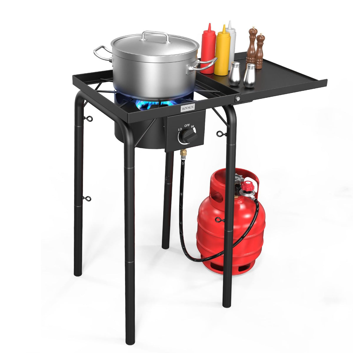 ROVSUN Single Burner Gas Stove with Side Shelf, 100,000BTU Portable Propane Stove with Removable Leg & Regulator for Camping Home Backyard Outdoor Cooking Brewing Canning Turkey Frying
