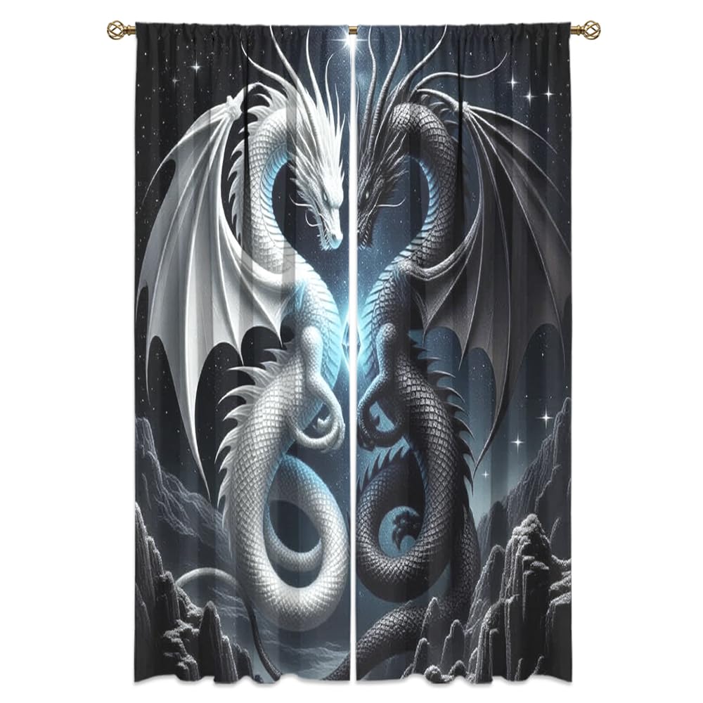 Fantasy Mythical Animal Dragon Curtains,Dreamy Galaxy Full Moon Room Darkening Blackout Window Treatment,Mythological Wildlife Dragon Rod-Pocket Privacy Curtains,2pcs,Each 52“W x 96”L