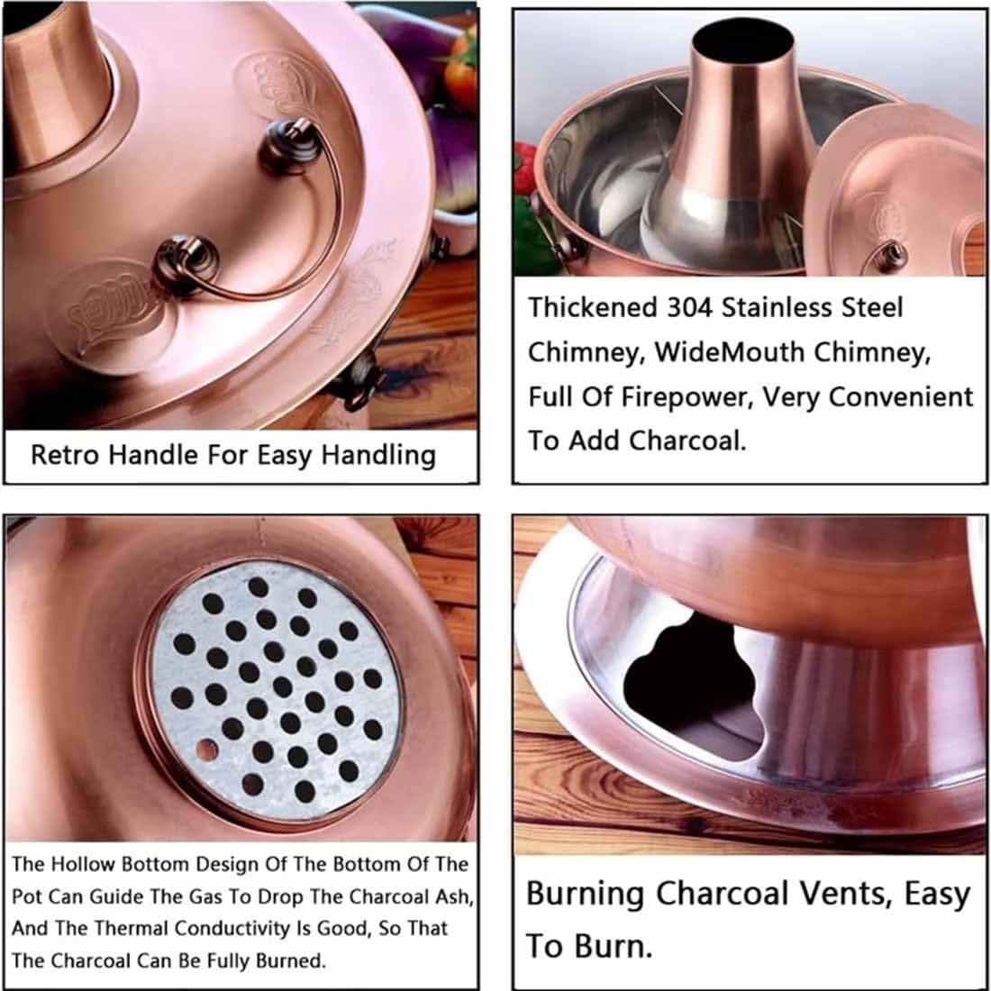 Chinese Charcoal Hot Pot, Food-grade Stainless Steel Hot Pot，Gold-13.4in