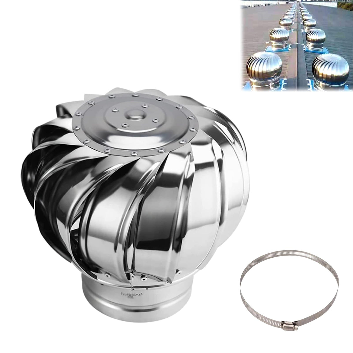 Chimney Rotating Ventilator Cap,Turbine Ventilator,304 Stainless Steel with Clamp Rotating Chimney Cowl Cap Fits Most Standard Chimney Pots Improves Indoor Air & Ventilation ,Silver,400mm/15.7in