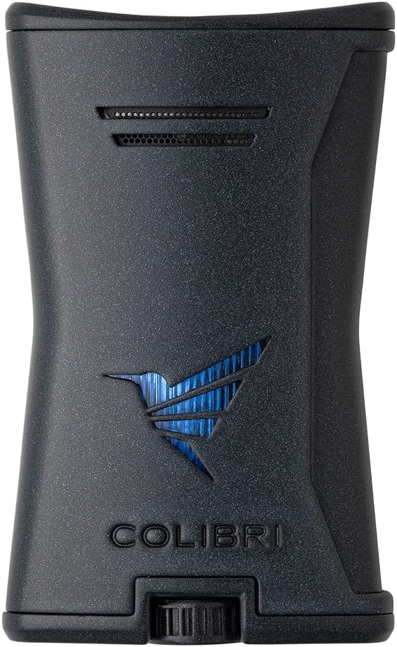 Colibri Premium Slim Torch Lighter - Windproof & Refillable, Cigar Enthusiast's Choice with Blue Fuel Window and Adjustable Flame (Black + Black) - Shipped Empty - no Butane.