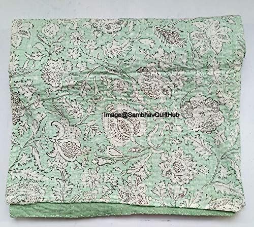 Indian Handblock Kantha Floral Printed Handmade Quilted Blanket Vintage Home Decorative KanthaThrow Blanket Kantha Bedcover Queen/King/CaliforiniaKing (Green, California King(108X108) inches)